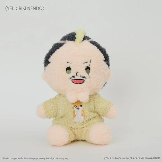 The Disastrous Life of Saiki K. Riki Nendo Fukamokogurumi Plushie featuring black hair, a blonde mohawk, green eyes, a goofy smile, and a fluffy yellow outfit with an embroidered hamster design in a cute seated pose.