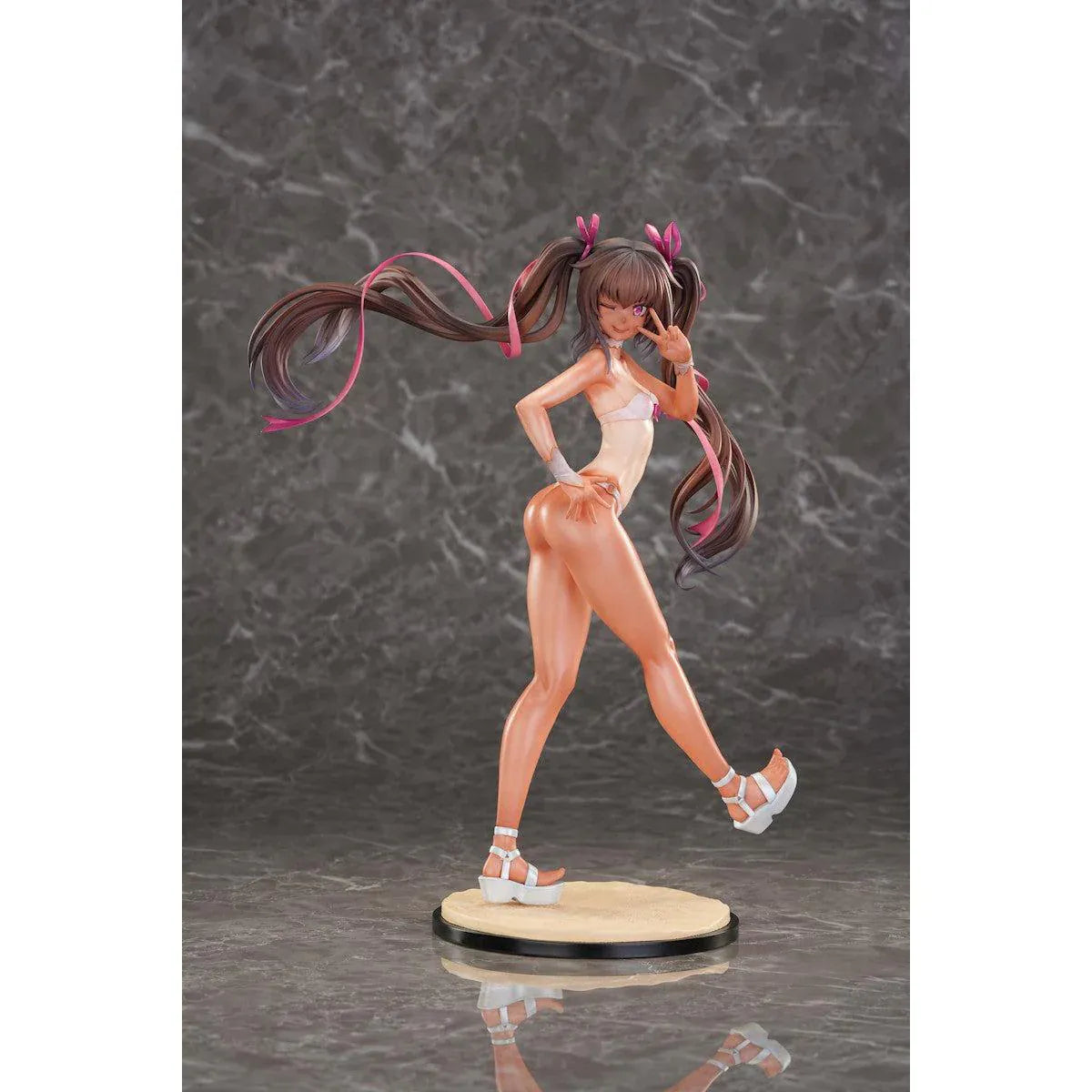 Taimanin RPG Adult Yukikaze Mizuki Swimsuit 1/6 Scale Figure featuring Yukikaze Mizuki in a white swimsuit-style outfit with twin-tail hair, pink ribbons, sandals, and display base.