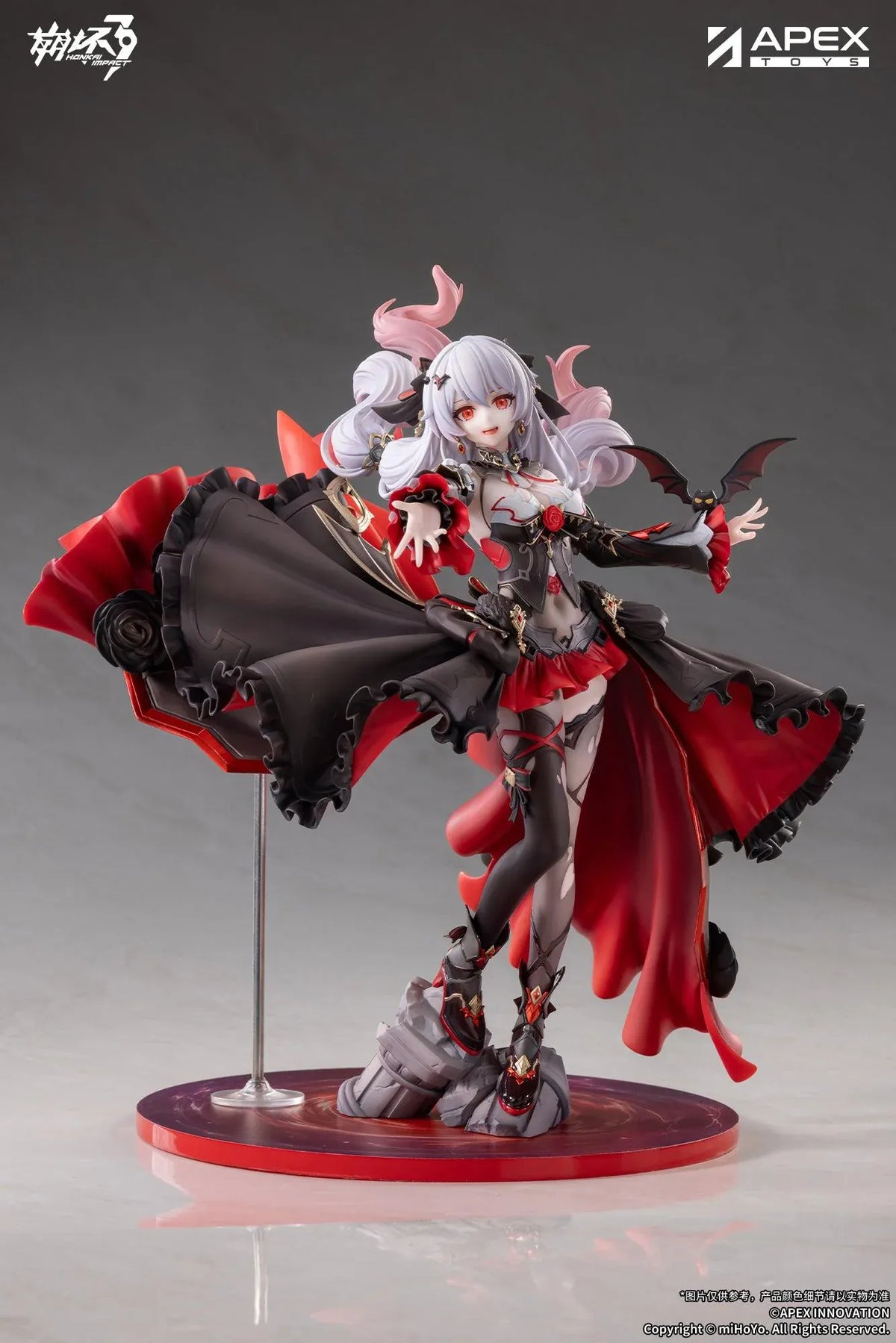 Honkai Impact 3rd Lunar Vow Crimson Love 1/7 scale figure with pale lavender hair, a black-and-red outfit, a small bat, and broken stonework.