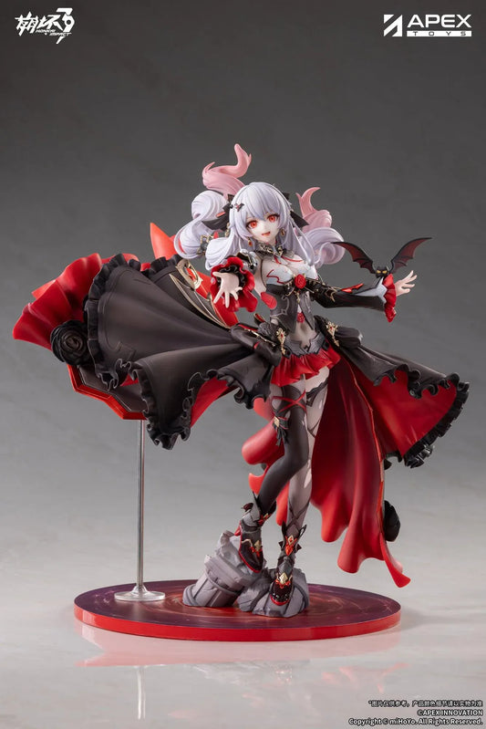 Honkai Impact 3rd Lunar Vow Crimson Love 1/7 scale figure with pale lavender hair, a black-and-red outfit, a small bat, and broken stonework.