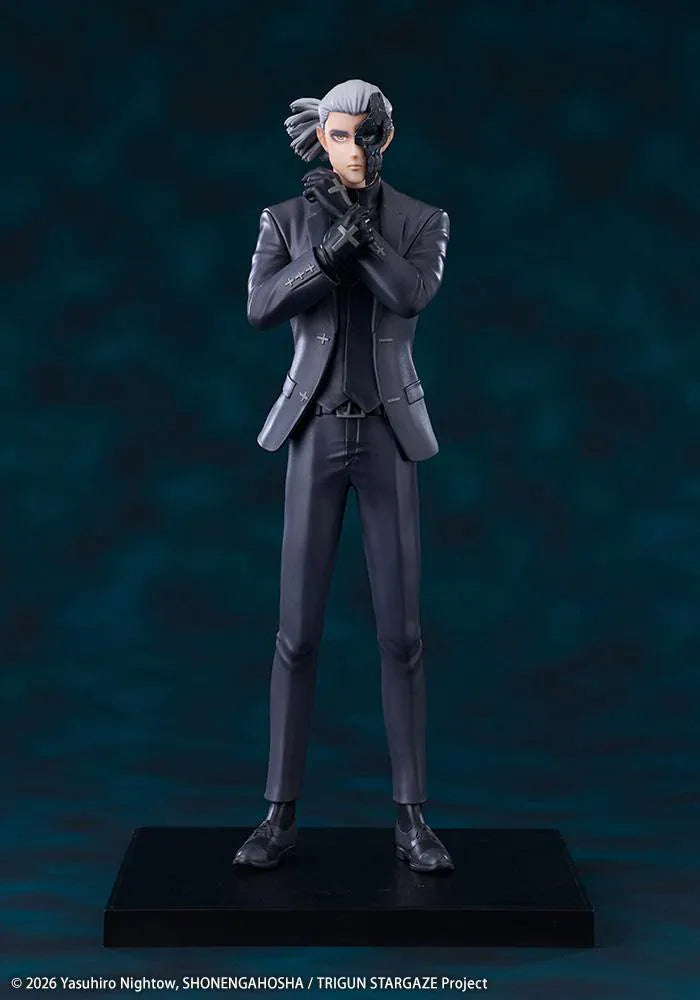 Trigun Stampede Oshi Works Livio the Double Fang Figure featuring Livio with silver hair, black suit, crossed-arm pose, stern expression, and display base.