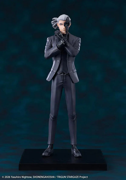 Trigun Stampede Oshi Works Livio the Double Fang Figure featuring Livio with silver hair, black suit, crossed-arm pose, stern expression, and display base.