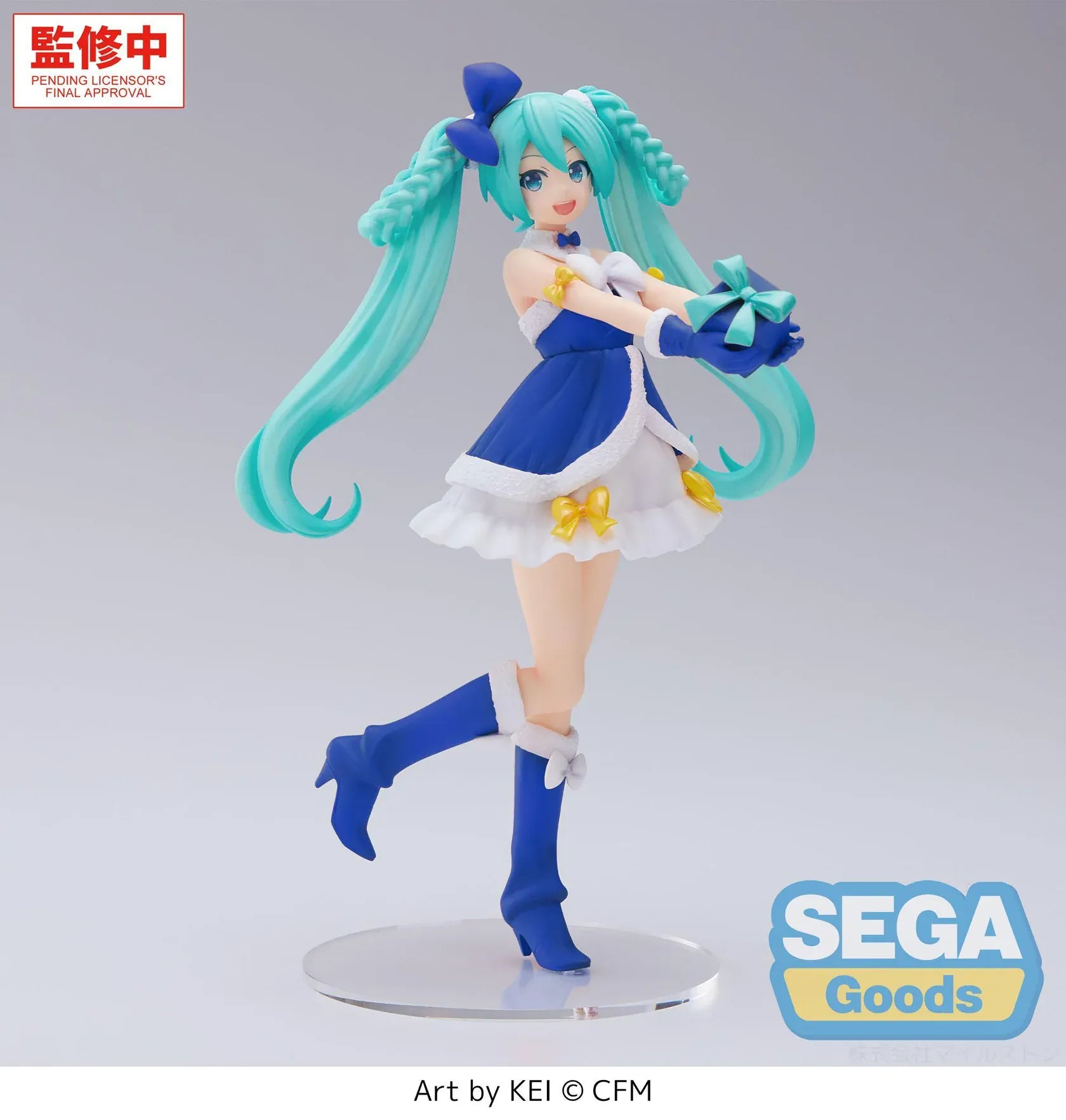 Vocaloid High Premium Figure Hatsune Miku Sapphire Christmas Ver Figure in blue Christmas outfit holding a gift box