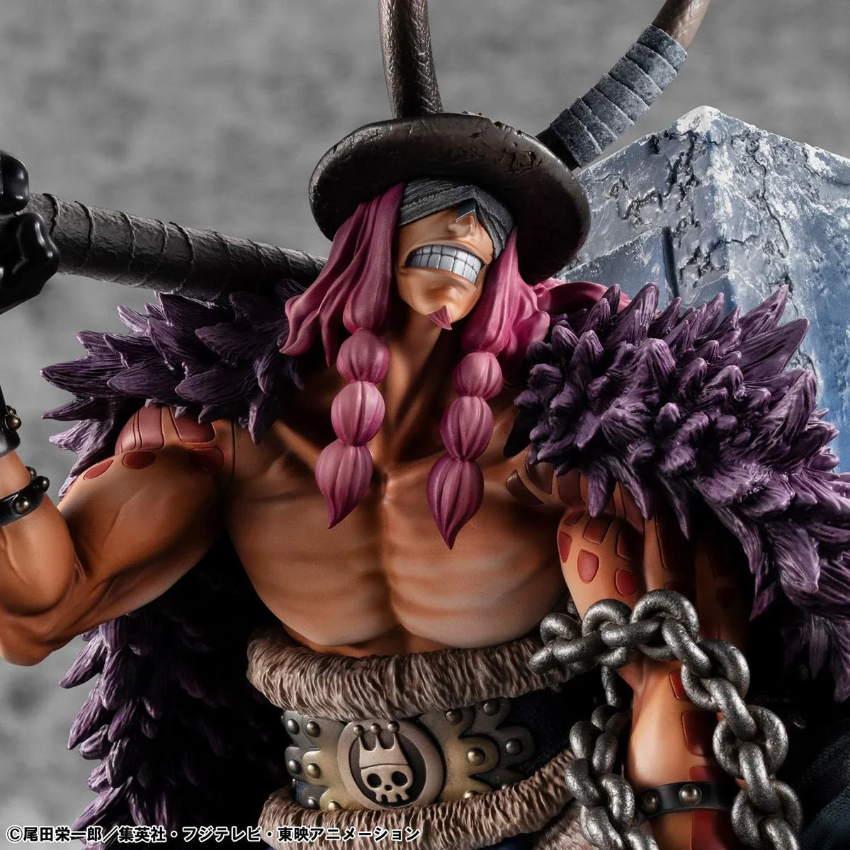 One Piece Portrait of Pirates ELB-Maximum Loki figure crouching with a massive hammer, horned helmet, pink braids, purple cloak, and chains on a rocky base.