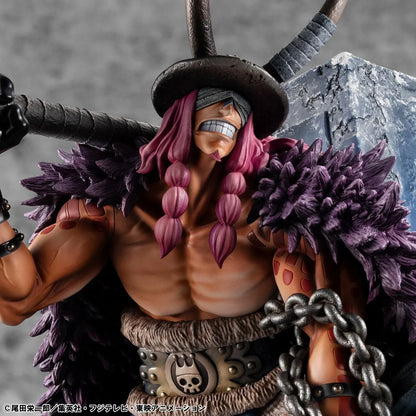 One Piece Portrait of Pirates ELB-Maximum Loki figure crouching with a massive hammer, horned helmet, pink braids, purple cloak, and chains on a rocky base.