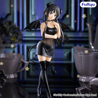 K-On! BiCute Dark Mio Akiyama figure featuring long black hair, devil horns, bat wings, black outfit, and heart-tipped tail