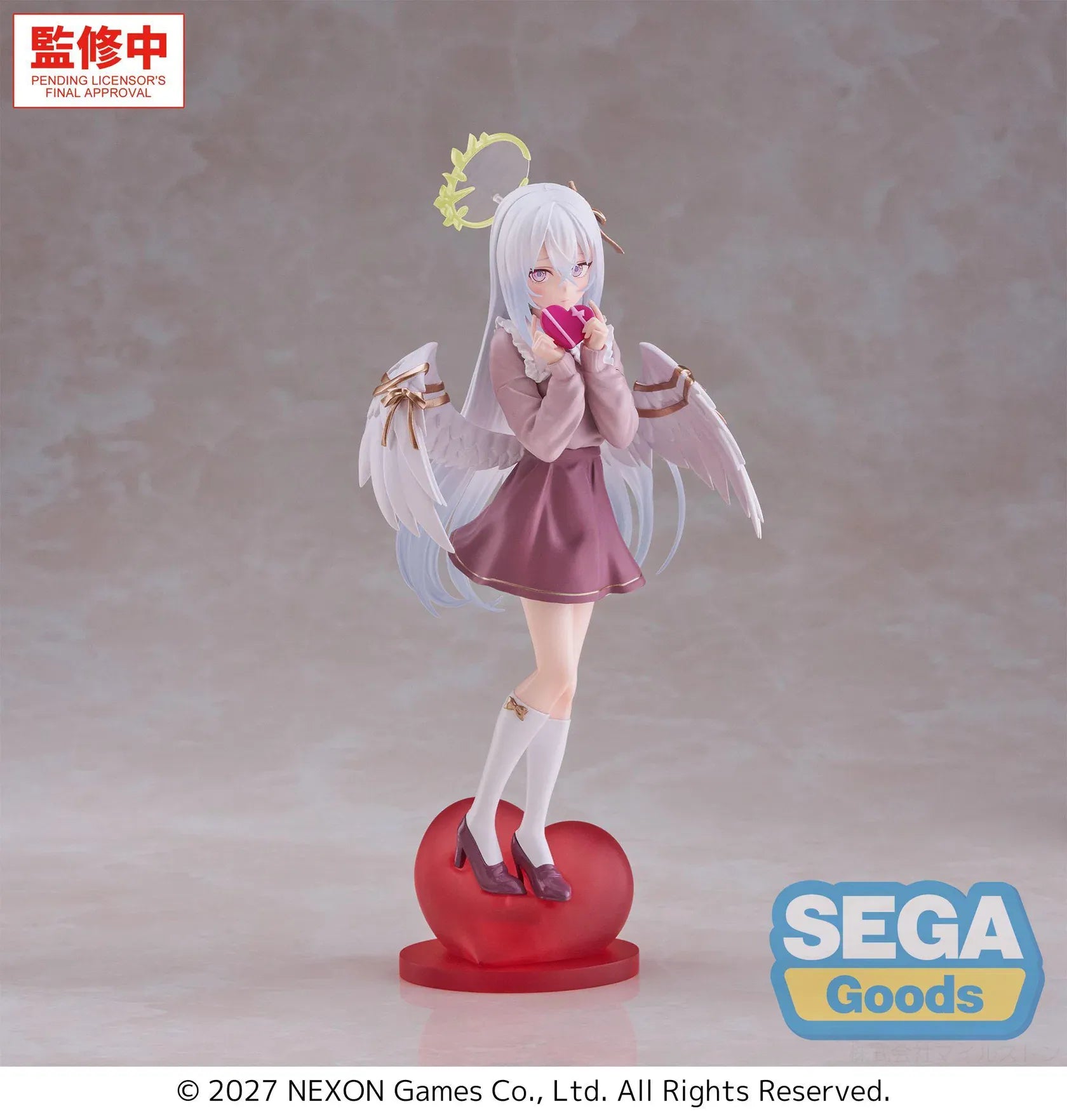 Blue Archive XStellar Azusa Happy Valentine Figure with white hair, angel wings, heart-shaped gift, and red heart display base