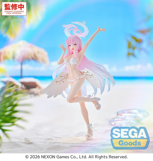 Mika swimsuit figure from Blue Archive with wings halo and pink hair standing on base