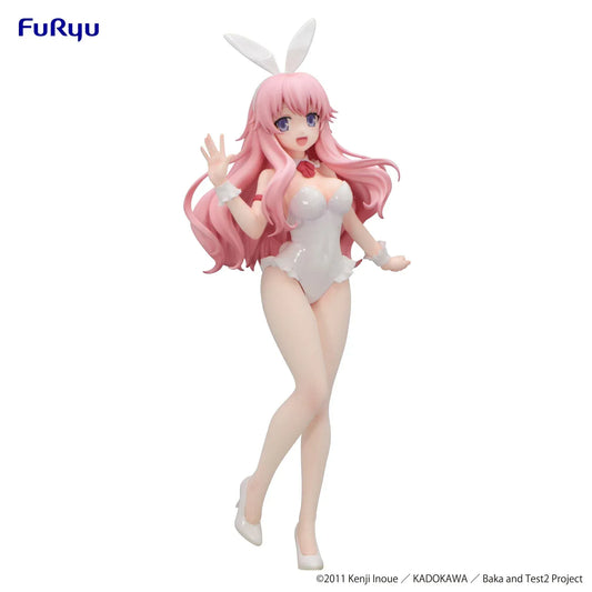 BiCute Bunnies figure of Himeji Mizuki from Baka and Test, wearing a white bunny outfit with long pink hair, waving with a cheerful smile.