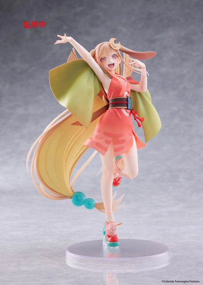 Cosmic Princess Kaguya! Kaguya VR Ver. Coreful Figure featuring a blonde-haired anime girl with pink eyes, long flowing hair, bunny ears, a crescent moon hair accessory, a coral-pink outfit with green sleeves, and colorful shoes in an energetic pose on a transparent circular base.