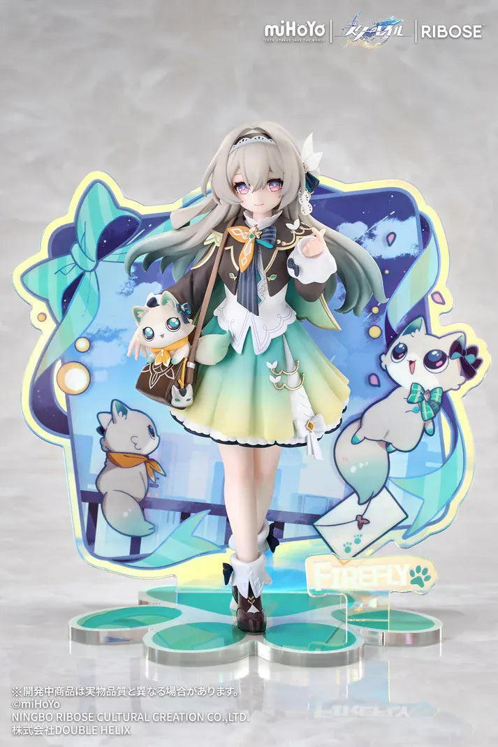 Honkai Star Rail Rise Up+ Chibi Cat Series Firefly Figure featuring Firefly in a cute chibi-style outfit with cat-themed display accents, colorful backdrop, and themed base.