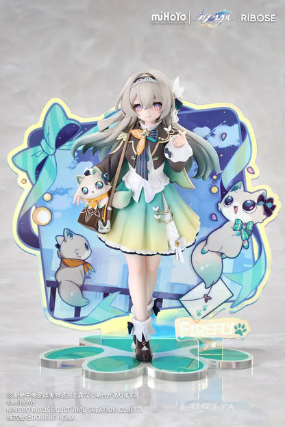 Honkai Star Rail Rise Up+ Chibi Cat Series Firefly Figure featuring Firefly in a cute chibi-style outfit with cat-themed display accents, colorful backdrop, and themed base.