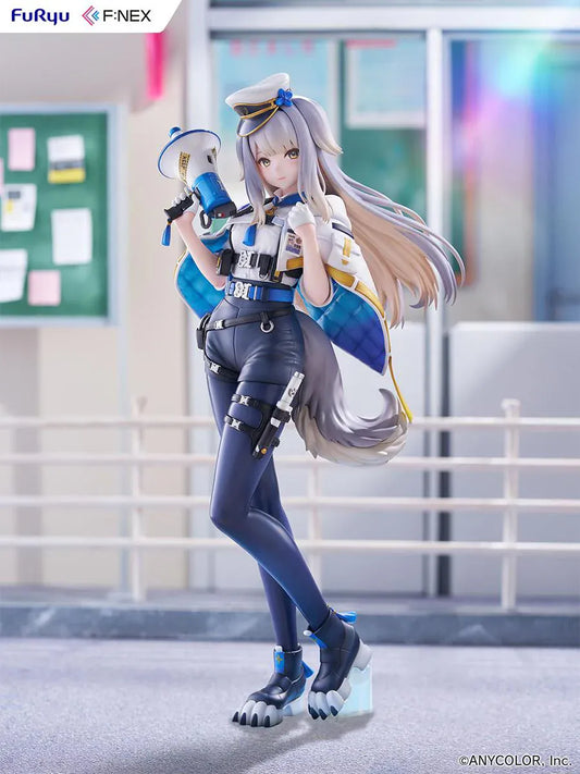 Nijisanji Ruri Shioriha 1/7 scale figure featuring megaphone accessory, silver hair, and detailed blue-and-white outfit