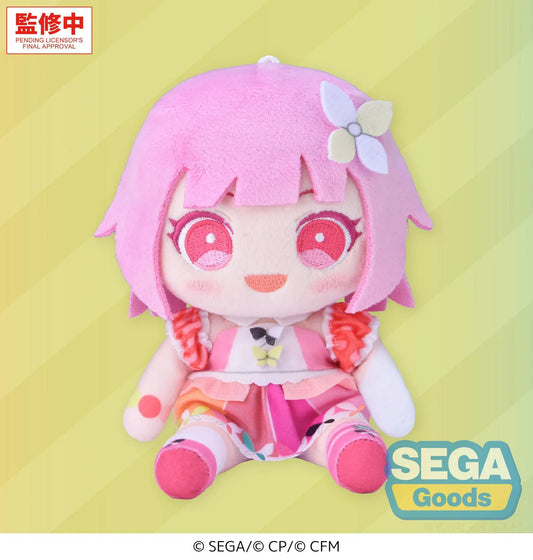 Hatsune Miku Colorful Stage MySEKAI Emu Otori Plush with pink hair, flower accessory, cheerful embroidered expression, and colorful stage outfit