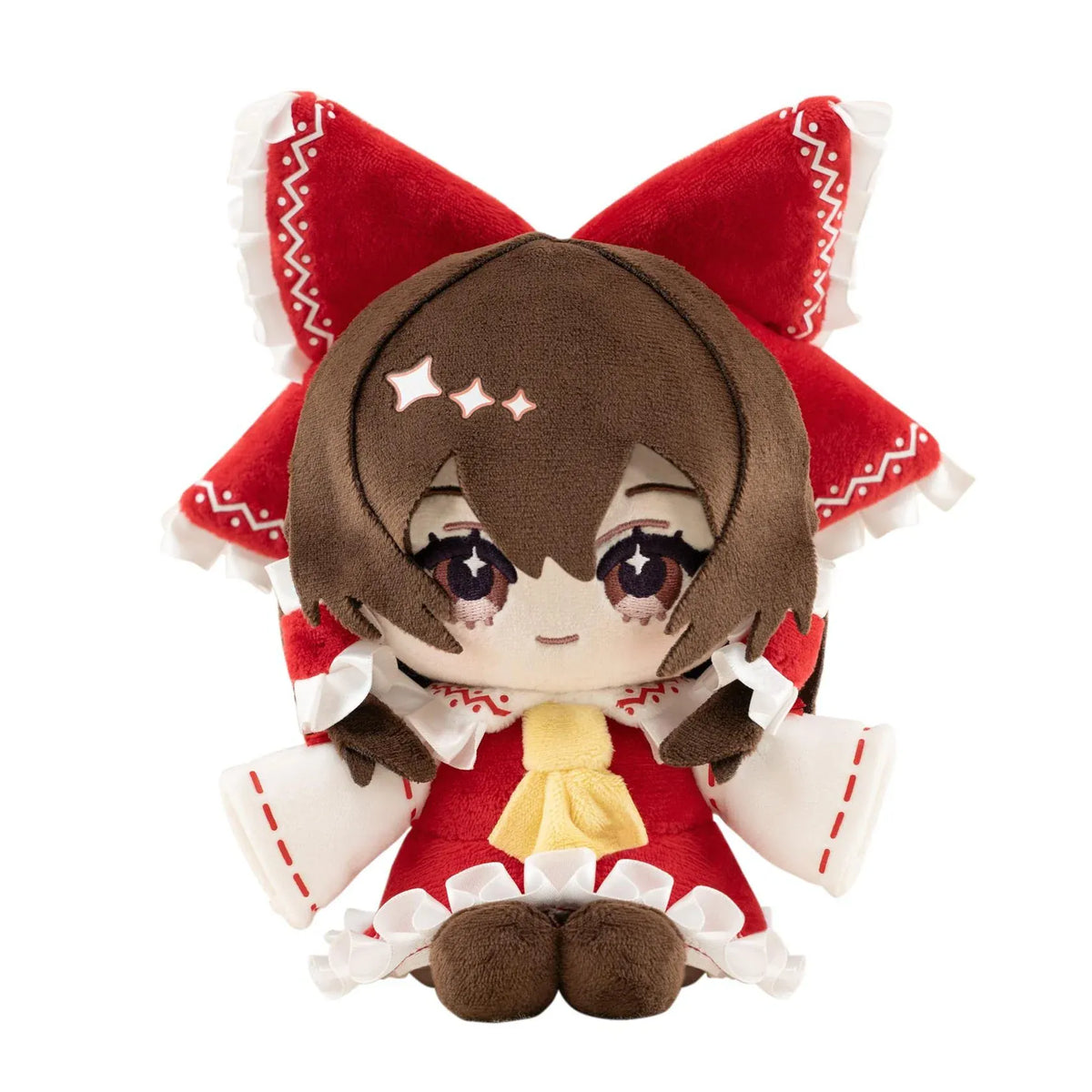 Touhou Project Chai Chara Project Reimu Hakurei Plushie featuring brown hair, embroidered brown eyes, an oversized red hair bow, a red and white shrine maiden outfit, and a cute seated chibi design.