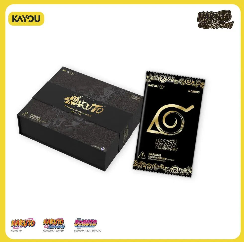 KAYOU NARUTO Smriti Collectible Card NINJA AGE Premium Collector Box featuring an elegant black collector box with gold Naruto lettering, intricate decorative patterns, and a matching black and gold sealed card pack displaying the Hidden Leaf Village symbol.