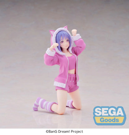 BanG Dream! Nyamu Yutenji Pajama Party figure kneeling in pink pajamas with a cat-ear hood, purple hair, striped socks, and both hands raised.