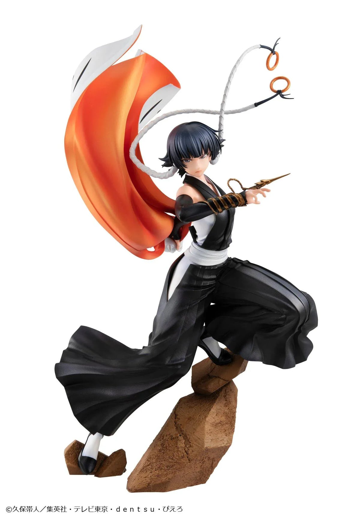 Bleach Gals Series Sui-Feng rerelease figure in a dynamic combat pose with her arm-mounted weapon, flowing uniform, and rocky base.