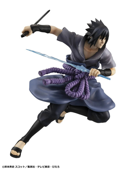 Naruto Shippuden G.E.M. Series Sasuke Uchiha Great Ninja War Ver. Reissue figure in battle pose with sword, purple rope belt, and effect detail