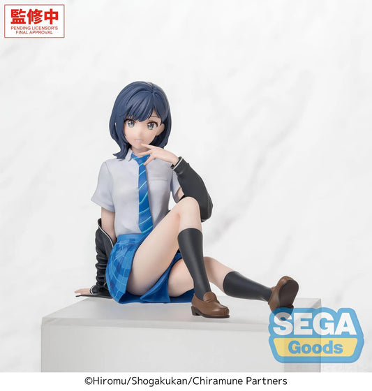 Chitose Is in the Ramune Bottle Yuzuki Nanase Premium Perching Figure by SEGA Goods featuring Yuzuki seated in a school uniform with blue plaid skirt and black jacket.
