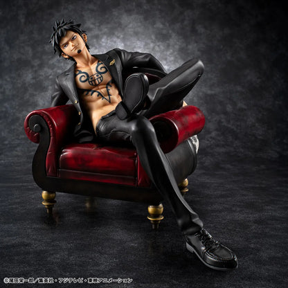 One Piece Portrait Of Pirates S.O.C. Trafalgar Law Ver. R Figure wearing a black suit and sitting in a red armchair