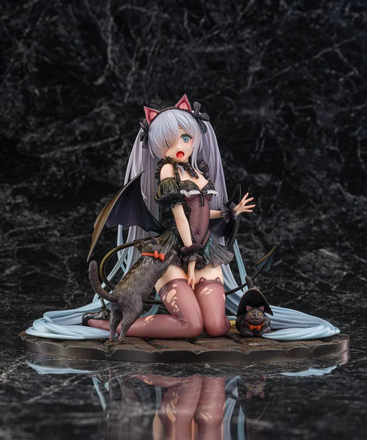 Azur Lane Janus Fright Night Scaredy Cat Ver. 1/7 scale figure featuring Janus in a Halloween-themed gothic outfit with cat ears, bat wings, black cats, and a detailed display base