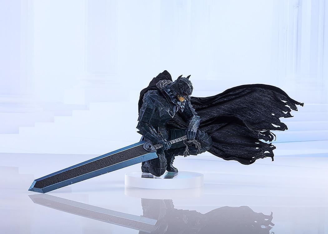 Berserk Guts Berserker Sane figure crouching in dark armor, gripping a massive sword with a textured, ragged black cape sweeping behind him.