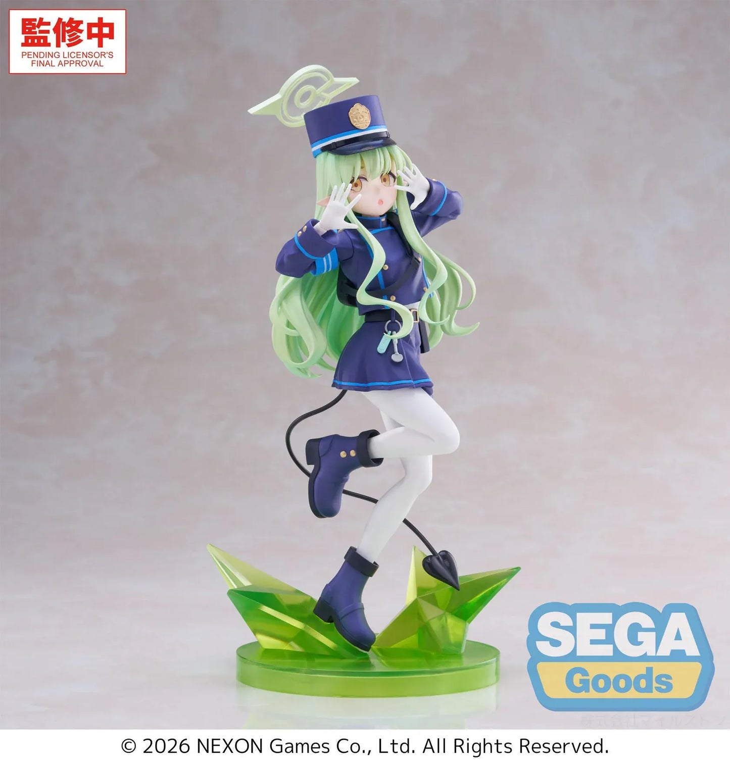 Blue Archive XStellar Hikari Figure with green hair, uniform-inspired outfit, matching hat, and green crystal-style display base