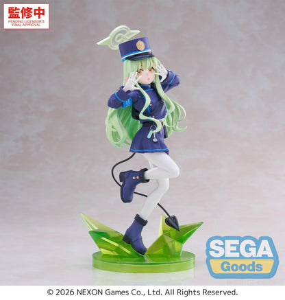 Blue Archive XStellar Hikari Figure with green hair, uniform-inspired outfit, matching hat, and green crystal-style display base