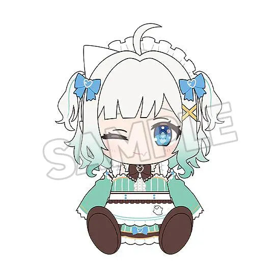 Sample illustration of the Mint Fantôme plushie with a winking expression, white and mint-green hair, blue bows, and a mint maid outfit.