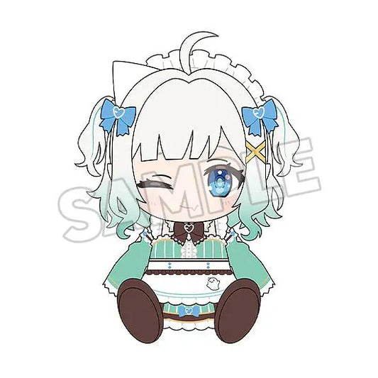 Sample illustration of the Mint Fantôme plushie with a winking expression, white and mint-green hair, blue bows, and a mint maid outfit.