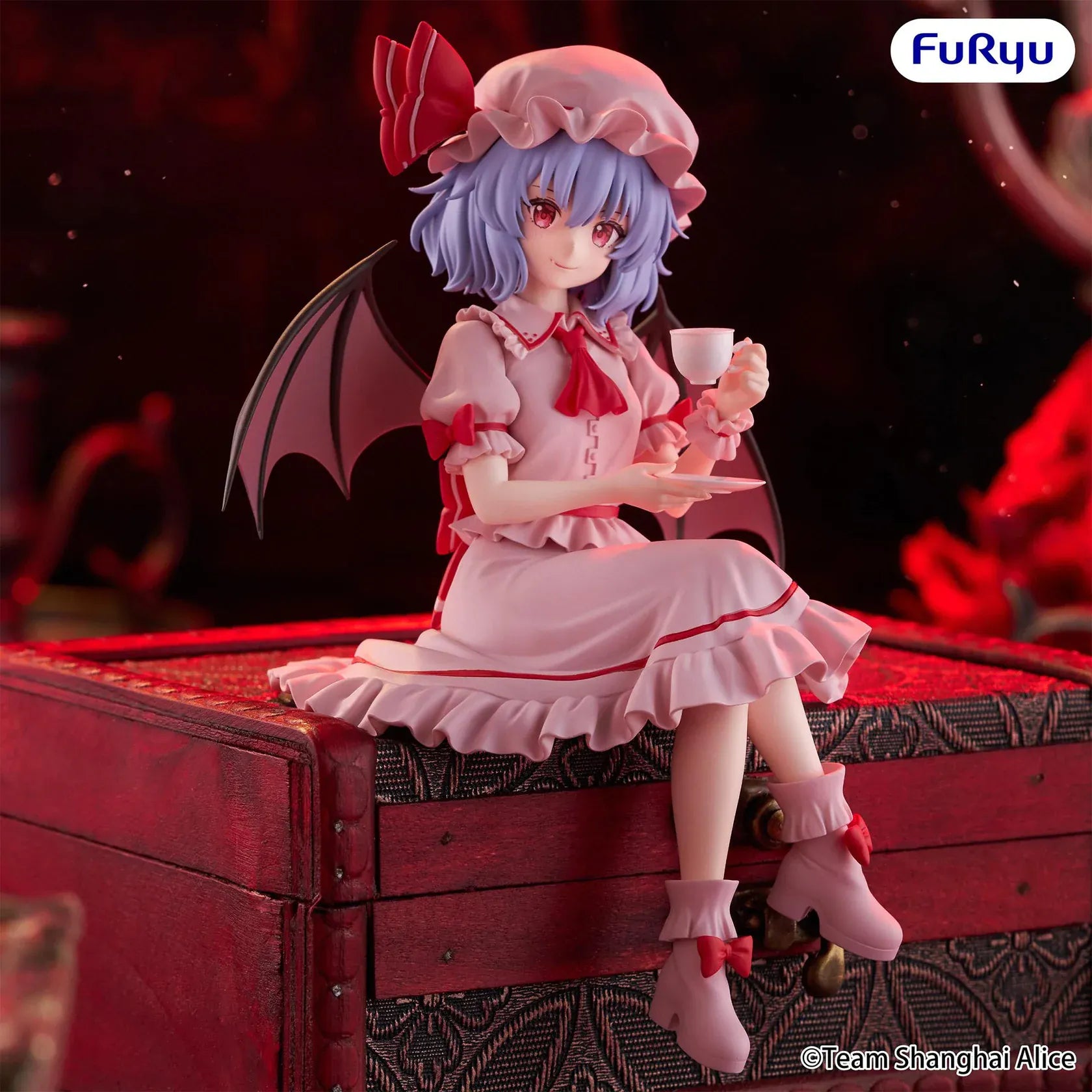 Touhou Project Remilia Scarlet Noodle Stopper figure seated with a teacup, pink dress, and bat wings