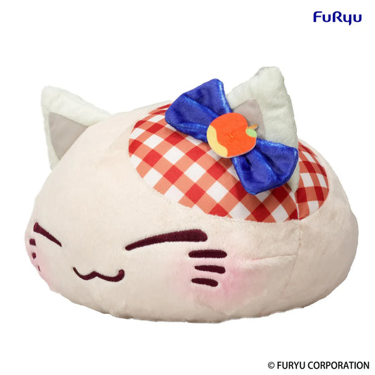 Nemuneko Cat Fruit Big Plush Toy Apple by FuRyu featuring a sleepy white cat plush with red gingham details, white ears, a blue bow, and apple accent.