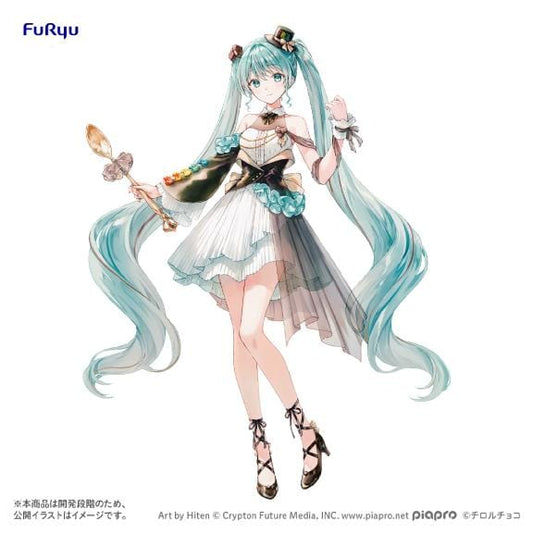Promotional illustration of Hatsune Miku’s TIROL CHOCO Coffee Nougat design, featuring turquoise twin tails, a layered white dress, miniature top hat, and spoon.
