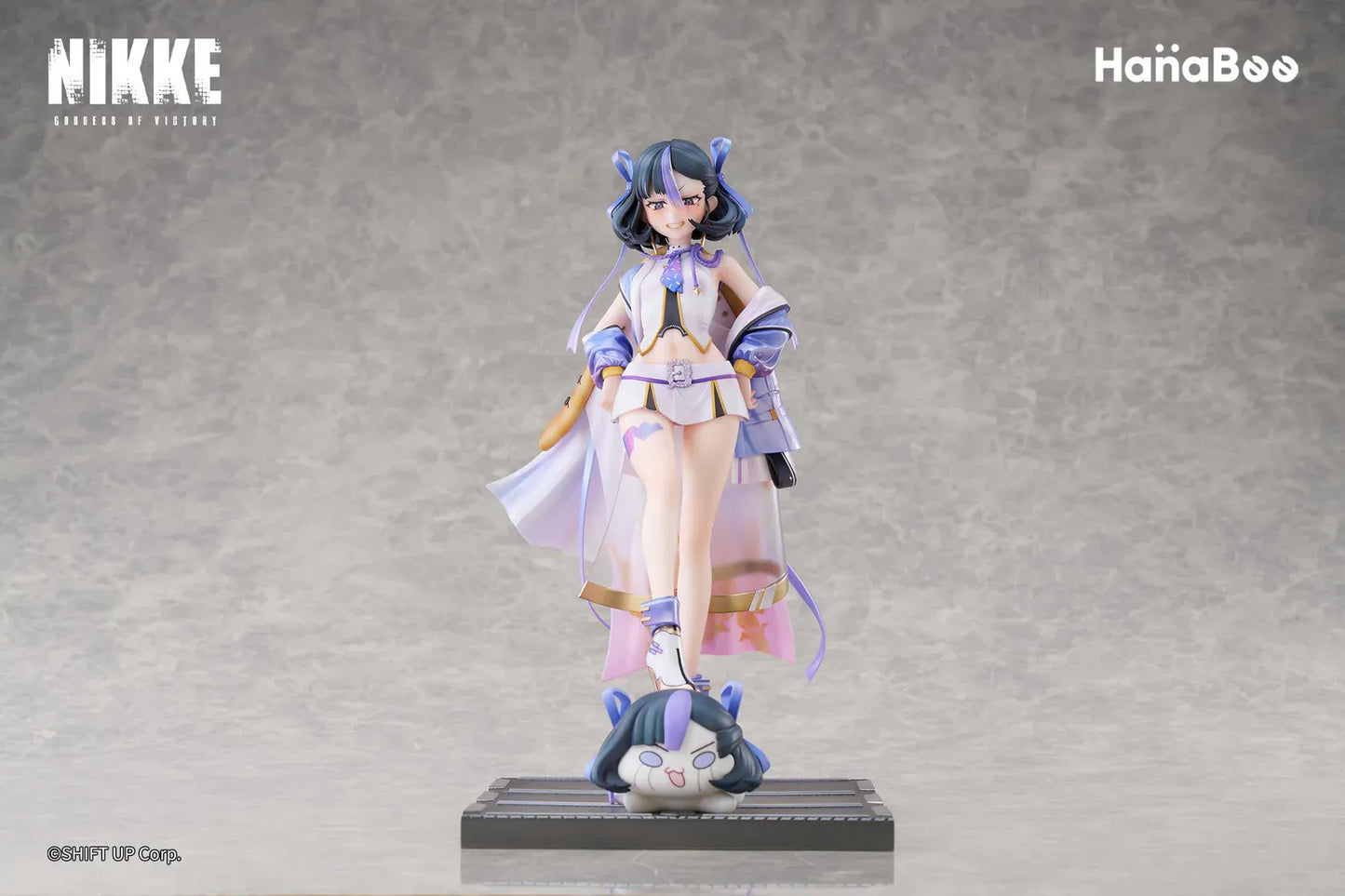 Goddess of Victory Nikke Syuen Deluxe Edition 1/6 Scale Figure featuring Syuen in a white-and-purple outfit with ribbon details, themed base, chibi mascot accent, can badge, and acrylic-style bonus artwork.