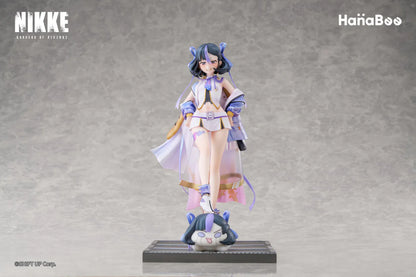 Goddess of Victory Nikke Syuen Deluxe Edition 1/6 Scale Figure featuring Syuen in a white-and-purple outfit with ribbon details, themed base, chibi mascot accent, can badge, and acrylic-style bonus artwork.