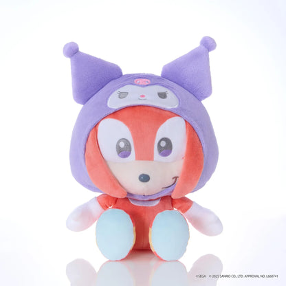 Sonic & Friends x Sanrio Knuckles medium plush wearing a purple Kuromi hood with pointed ears and a pink skull emblem.