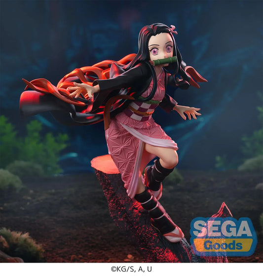 Nezuko Kamado Xross Link figure from Demon Slayer in dynamic airborne pose wearing pink kimono and black haori with bamboo muzzle.