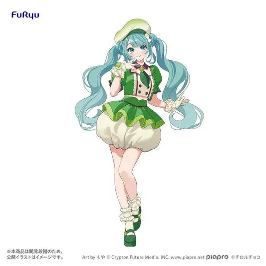 Promotional illustration of Hatsune Miku’s TIROL CHOCO Matcha Mochi design, wearing a green beret, green and cream outfit, puff shorts, and frilled accessories.