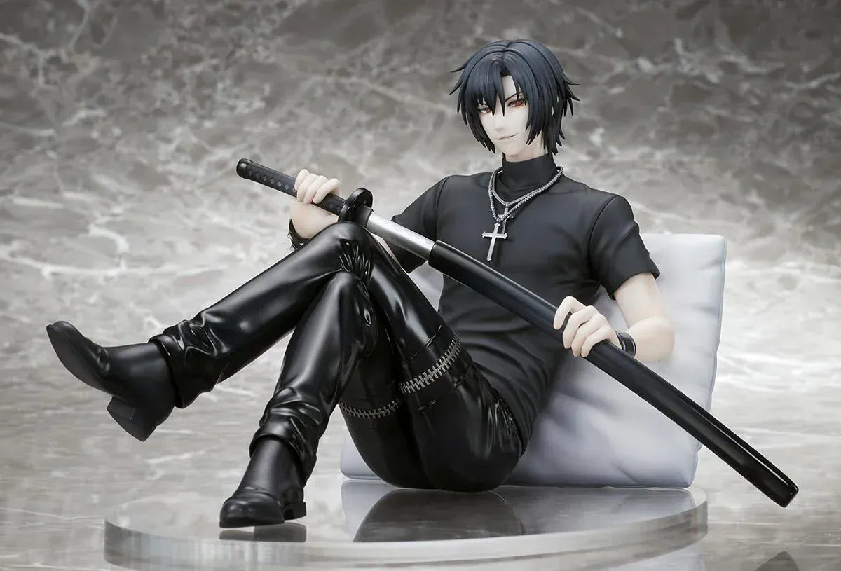 Shiki 1/7 scale figure from Togainu no Chi sitting with sword wearing black outfit on cushion base
