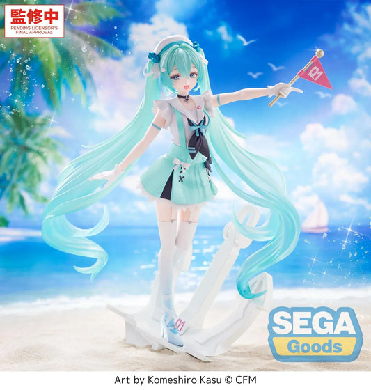 Hatsune Miku sailor figure with twin tails holding flag standing on anchor base