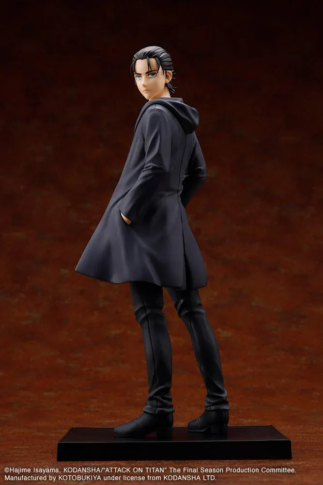 Attack on Titan Oshi Works Eren Yeager The Final Season Ver. Figure featuring Eren with slicked-back hair, dark coat, serious expression, and display base.