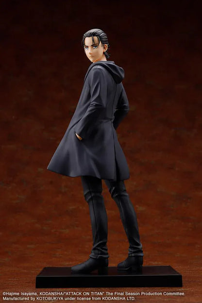 Attack on Titan Oshi Works Eren Yeager The Final Season Ver. Figure featuring Eren with slicked-back hair, dark coat, serious expression, and display base.