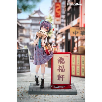 Panda Nikuman-chan Illustrated by Ogipote Deluxe Edition 1/6 Scale Figure featuring a purple-haired anime girl in a plaid skirt holding a panda-shaped steamed bun beside a red street food sign, accompanied by a matching illustrated wall scroll.