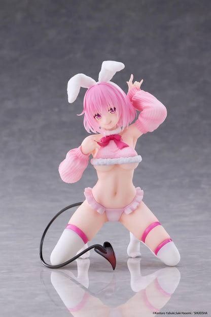 To Love-Ru Darkness MOFLOCK Momo Fluffy Bunny Ver. Figure featuring a pink-haired anime girl with pink eyes, white bunny ears, a pink fluffy bunny outfit, matching sleeves, white thigh-high stockings, and a black devil tail in a playful kneeling pose.