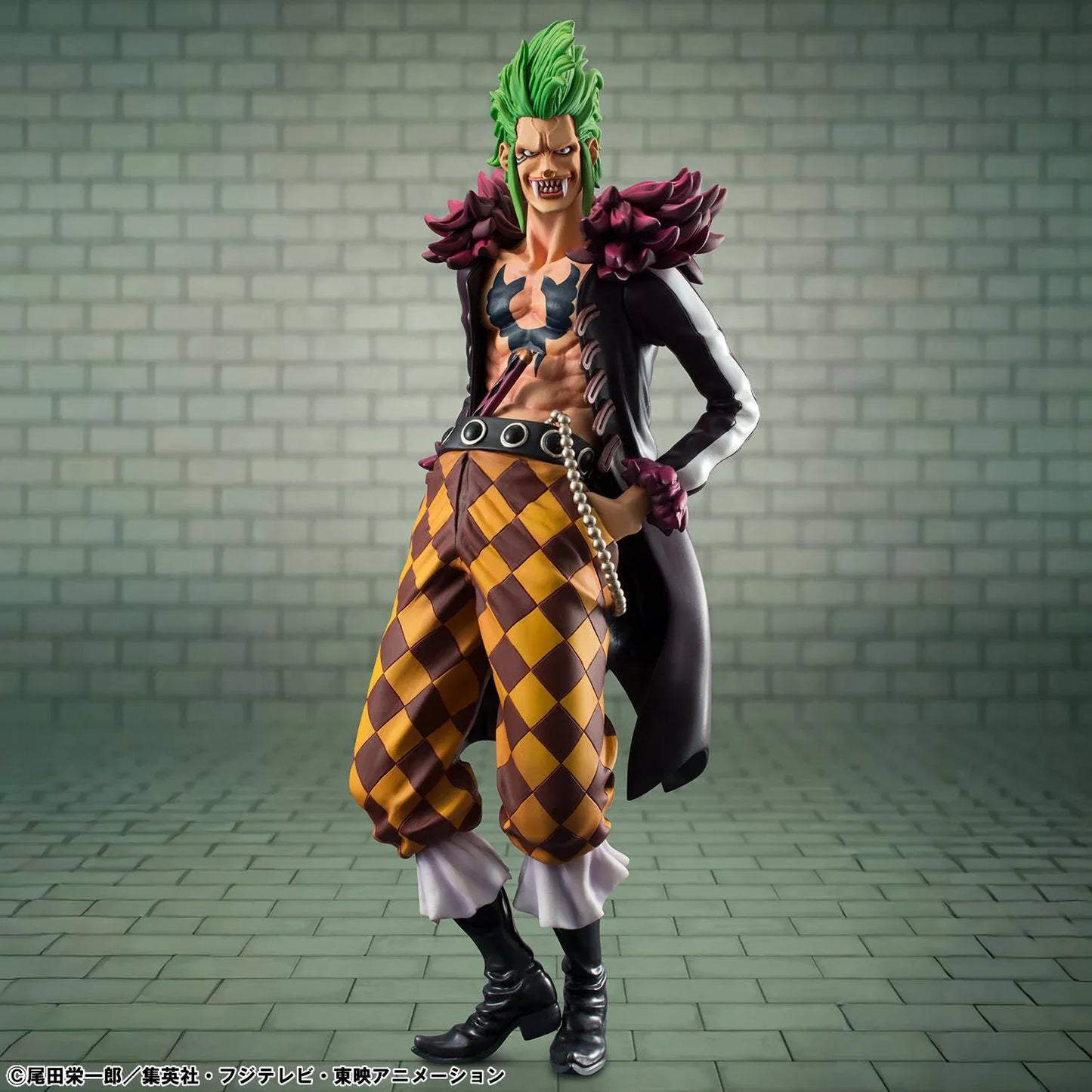 One Piece Portrait Of Pirates Limited Edition Bartolomeo the Cannibal figure with green hair, black coat, and checkered pants