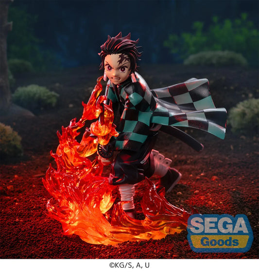 Tanjiro Kamado Xross Link figure from Demon Slayer kneeling with flame effects around his sword on a translucent fire base.