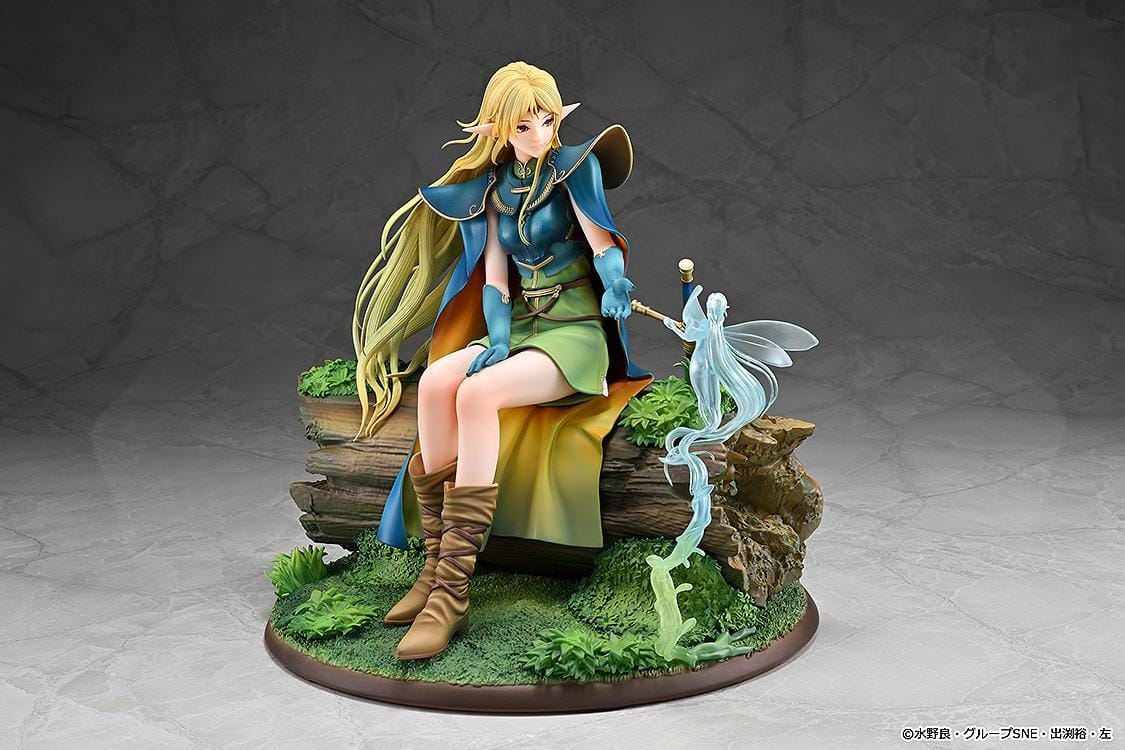 Record of Lodoss War Deedlit figure seated on a log in green clothing and blue armor, with flowing blonde hair, a winged companion, and a woodland base.