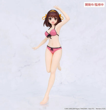 Vivit Haruhi Suzumiya figure wearing a pink swimsuit with black trim and yellow hair ribbons, smiling with one arm raised and one leg lifted.
