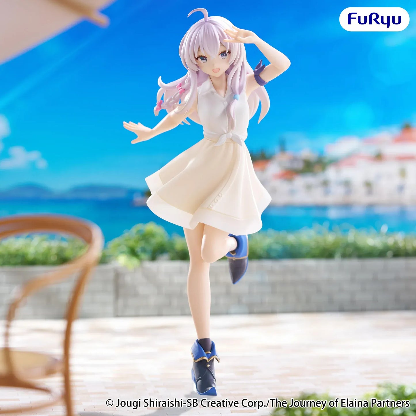 Elaina Muchute White Version figure from Wandering Witch The Journey of Elaina in white dress with scenic background
